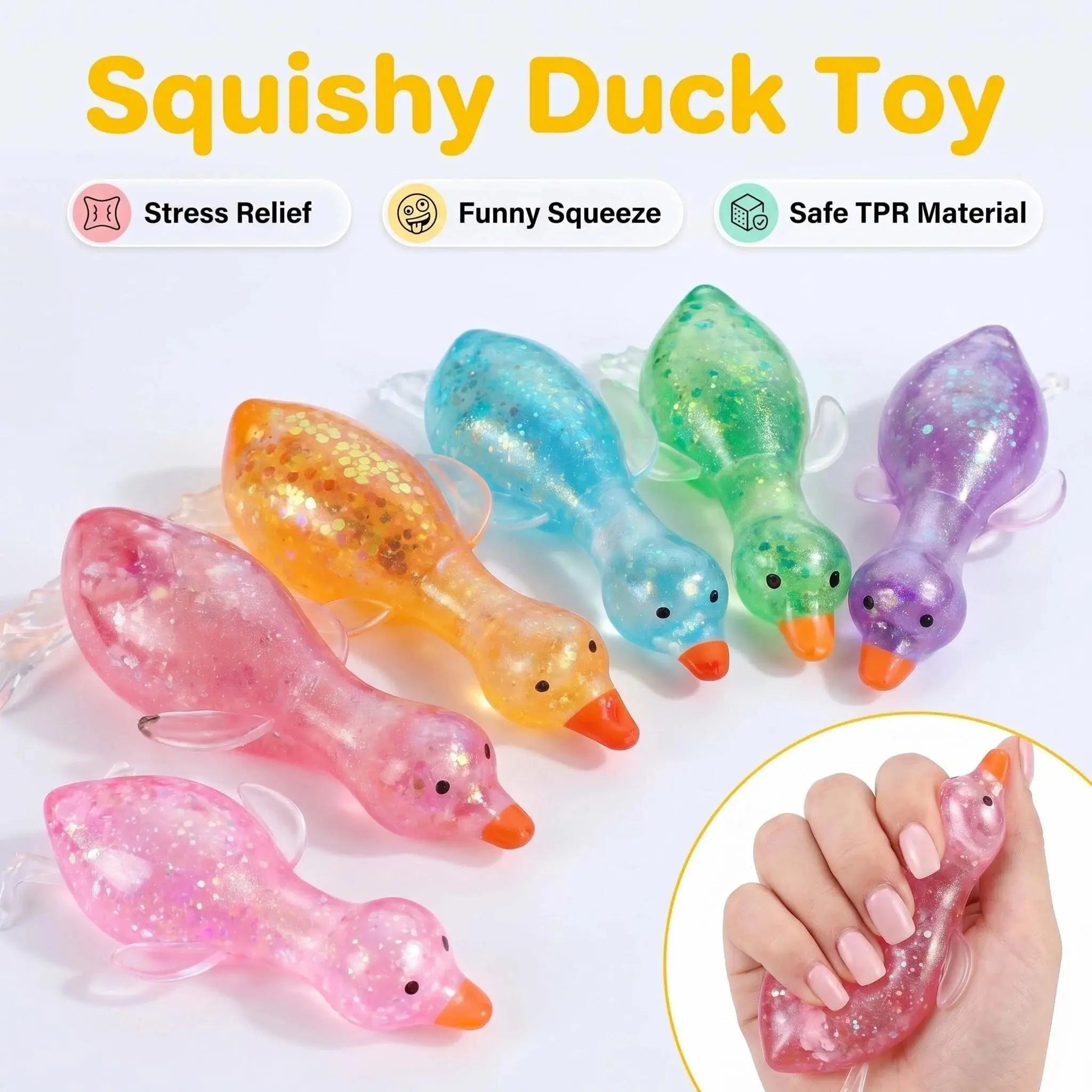 Glitter Transparent Duck Shape Squishies, Stretchy Glitter Soft Silicone Stress Relief Fidget Toy, Cute Desk Decor & Daily Decompression Gift